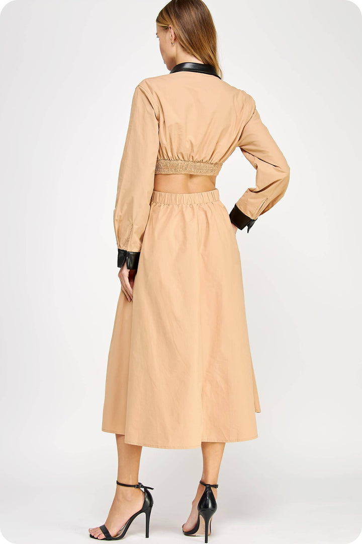 Faux Leather Contrast Poplin Long Shirt Dress