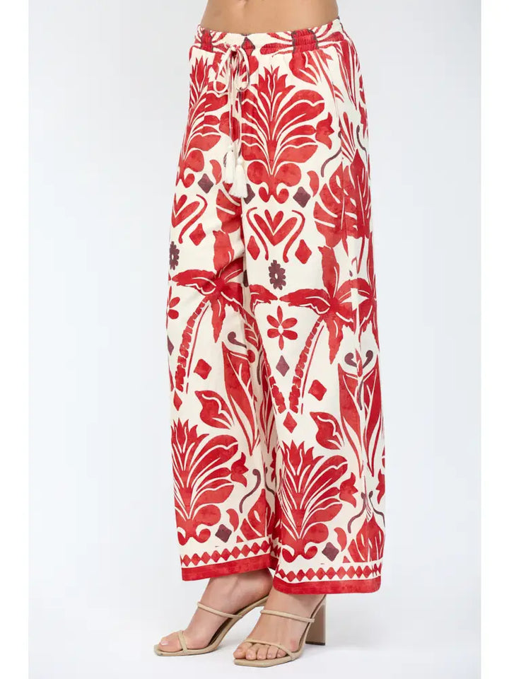 Tropical Print Drawstring Waist Wide Leg Pants