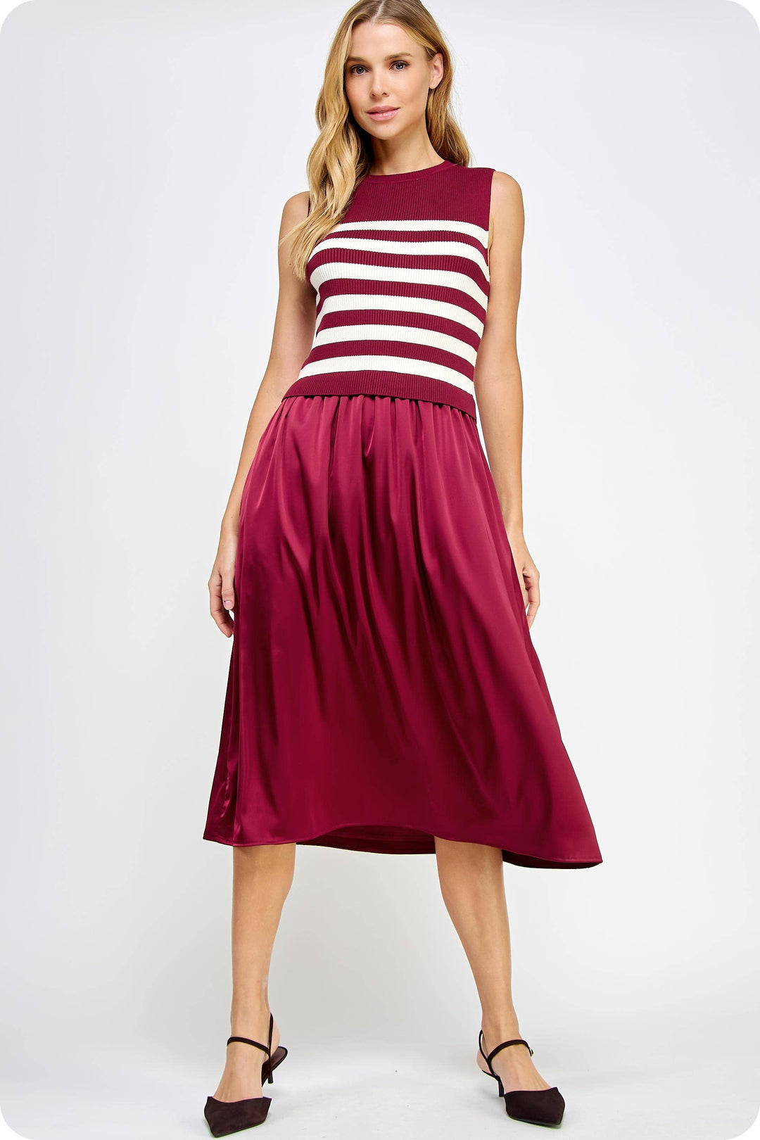 Sleeveless Striped Mixed Media Midi Dress