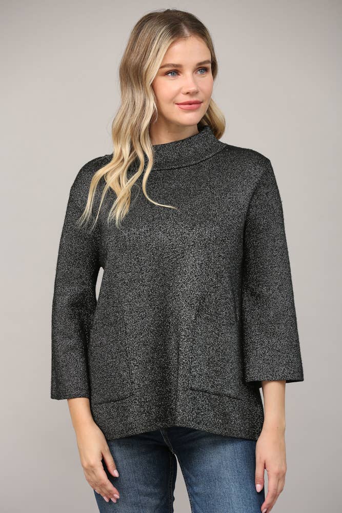 Glitter Yarn Front Pocket Detail Mock Neck Sweater