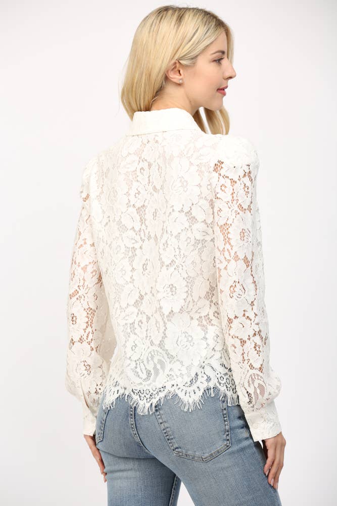 Scallop Edge Lace Button Down Blouse