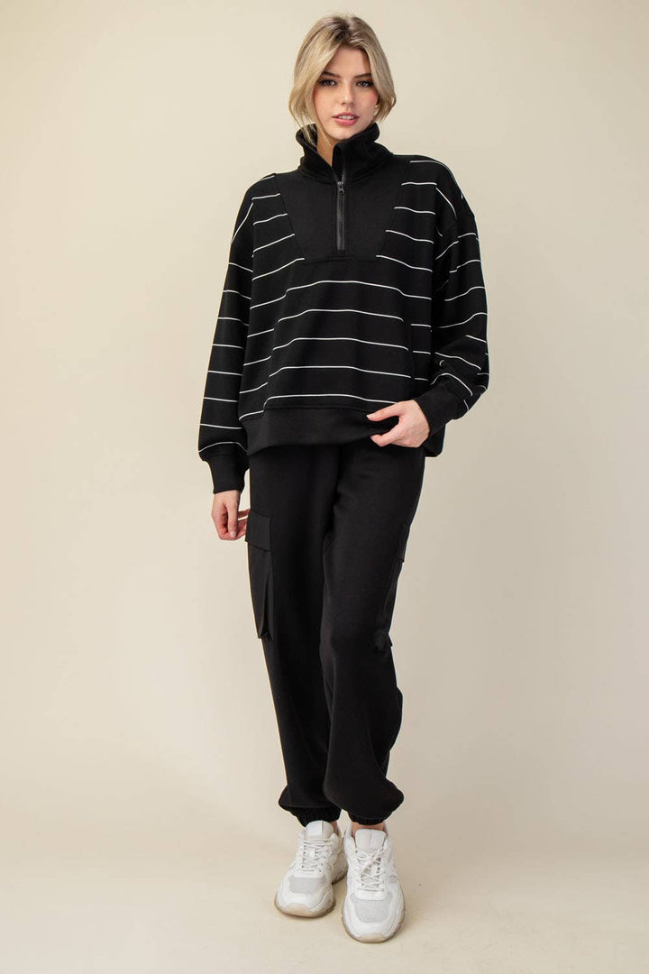 Modal Stripe Quarter Zip Mock Neck Pullover