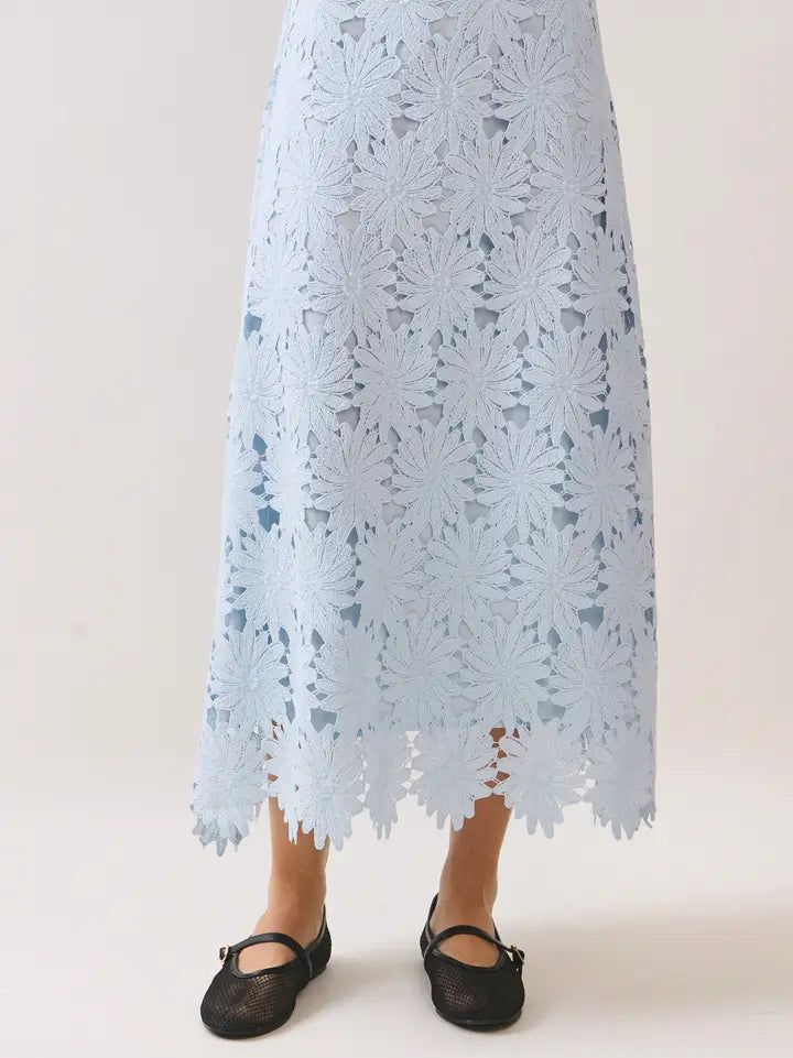 Floral Lace Scalloped Hem Fully Lined Midi Skirt