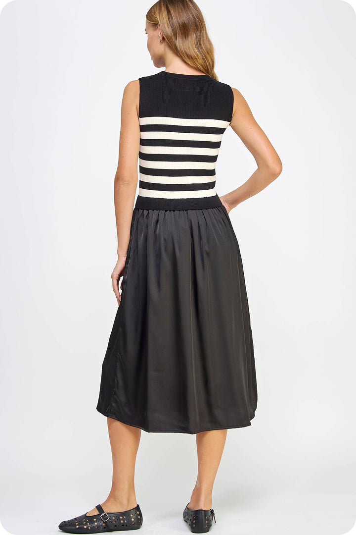 Sleeveless Striped Mixed Media Midi Dress