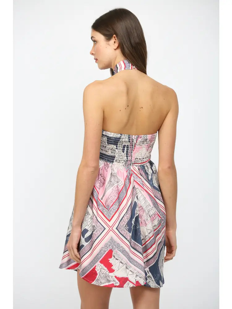 Bordered Destination Print Draped Halter Neck Dress