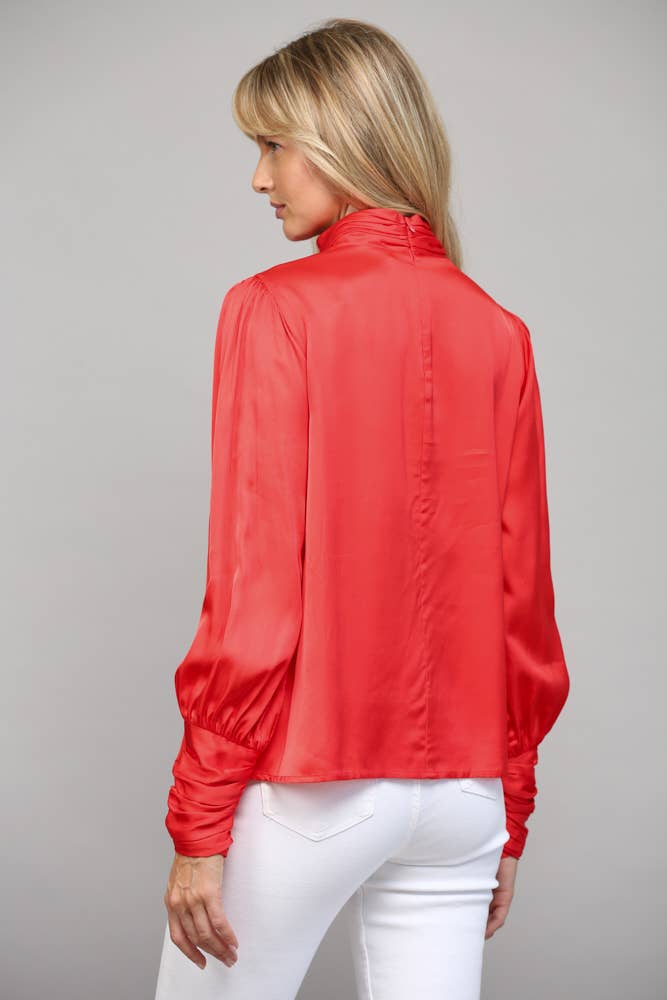 High Collar Ruched Sleeve Blouse