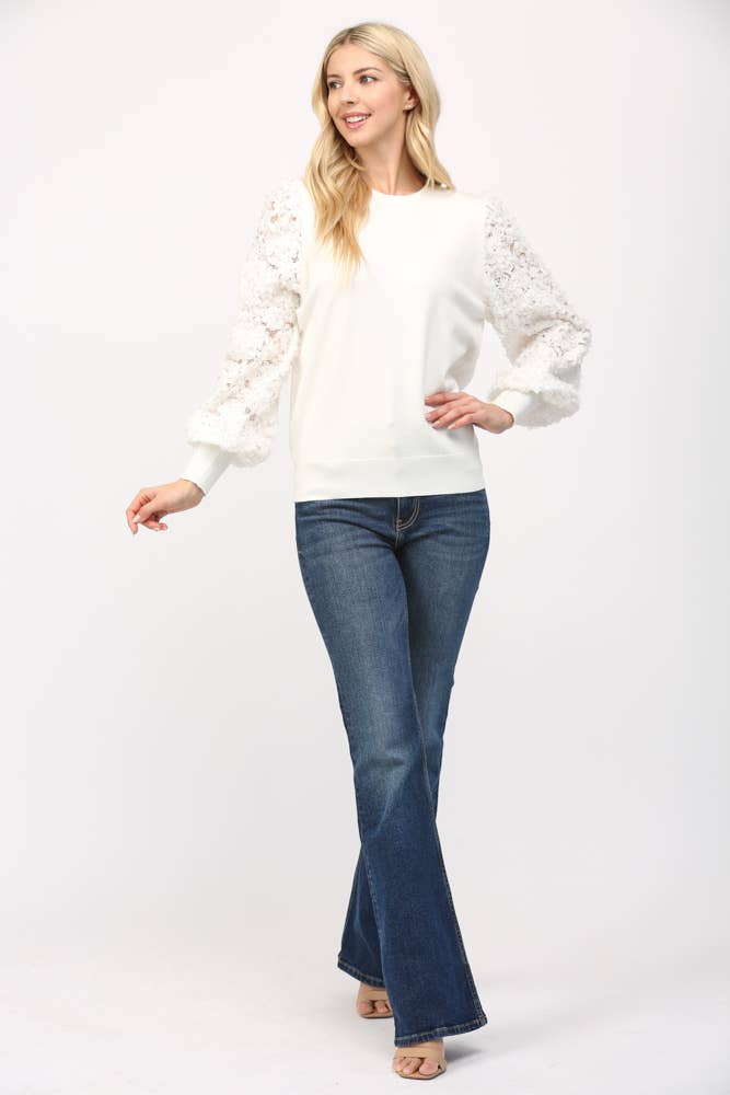 Contrast 3D Floral Lace Sleeve Crew Neck Sweater