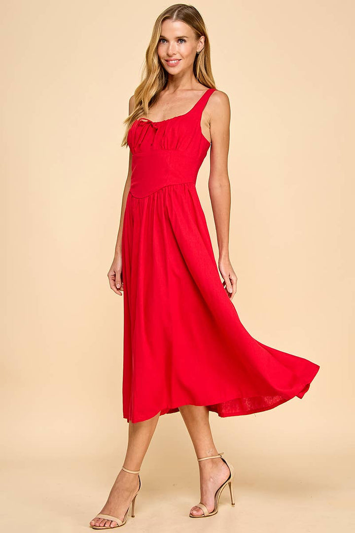 Front Bow Detail Flowy Hem Midi Dress