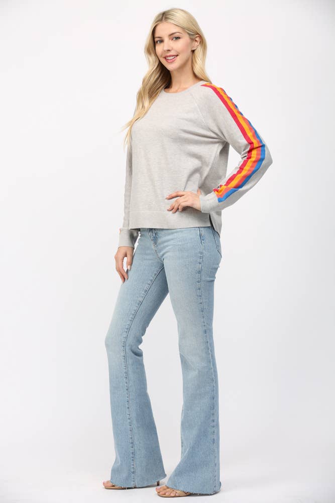 Multi Color Stripe On Sleeve Crew Neck Sweater