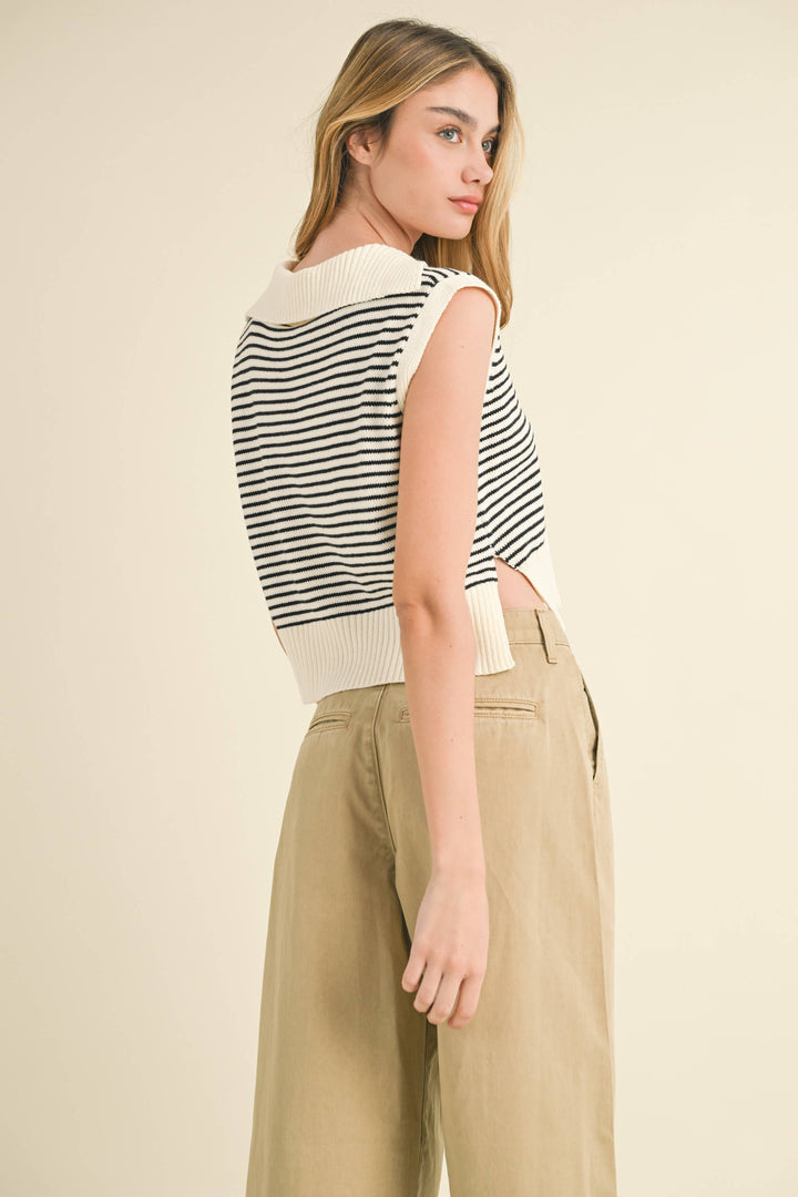 V-Neck Stripe Collar Knitted Top