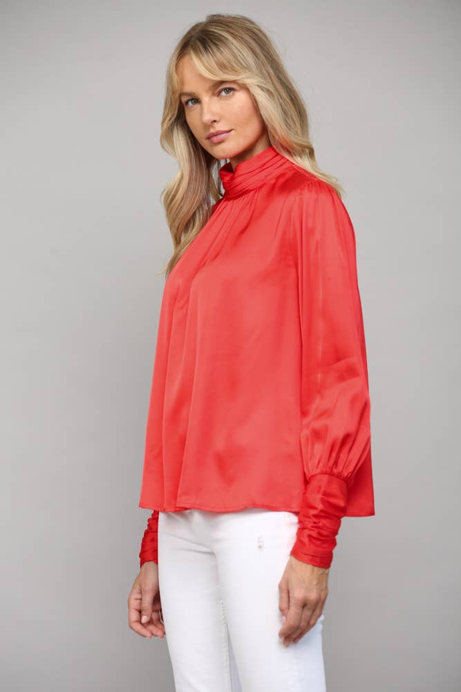 High Collar Ruched Sleeve Blouse
