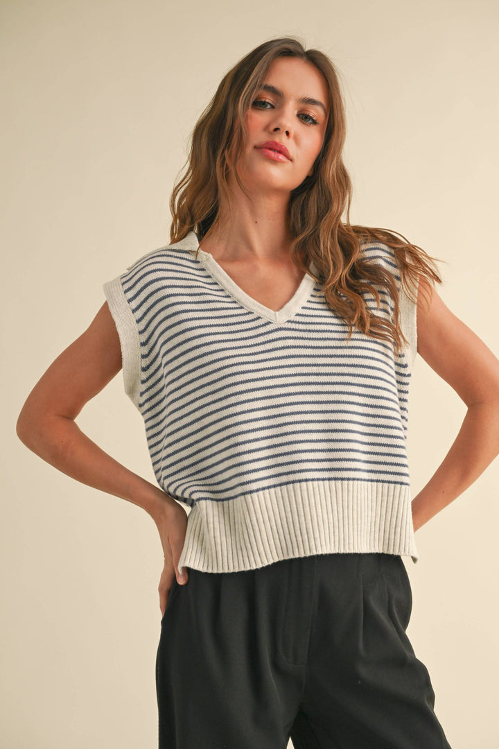 V-Neck Stripe Collar Knitted Top