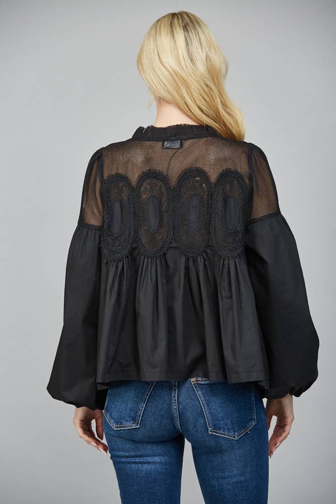 Lace Applique Detail Long Sleeve Blouse
