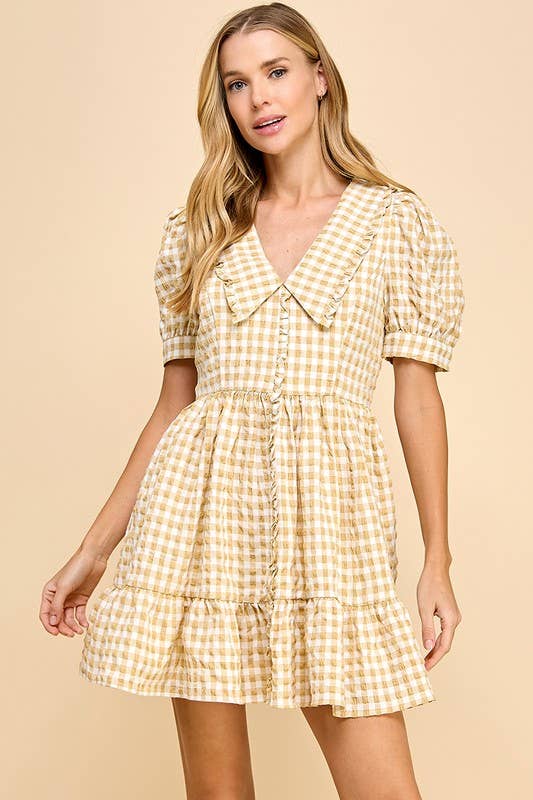 Gingham Peter Pan Collared Puff Sleeves Dress