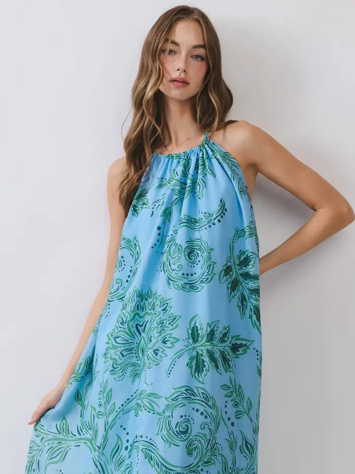 Floral Print High Neck Flowy Maxi Dress L / Blue Print
