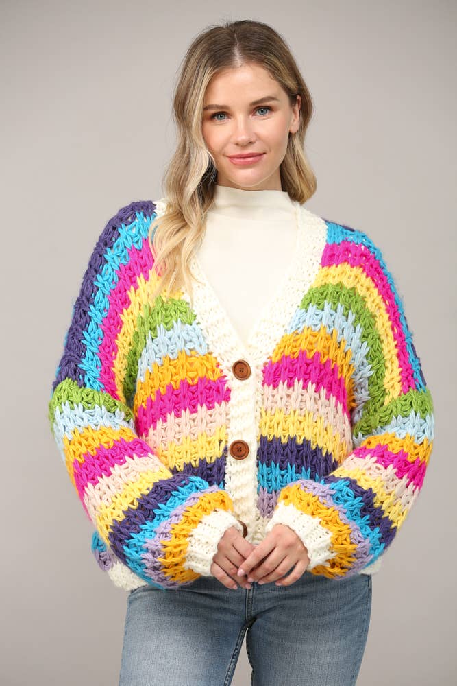 Button Closure Chunky Crochet Knit Cardigan