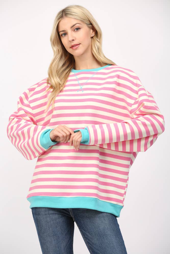 Pink and White Stripe Top With Aqua Trim