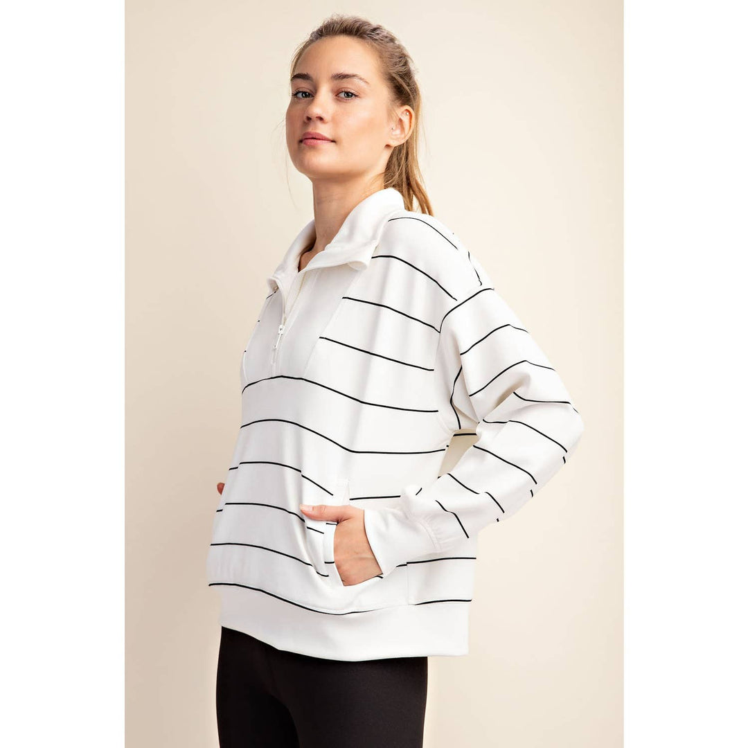 Modal Stripe Quarter Zip Mock Neck Pullover