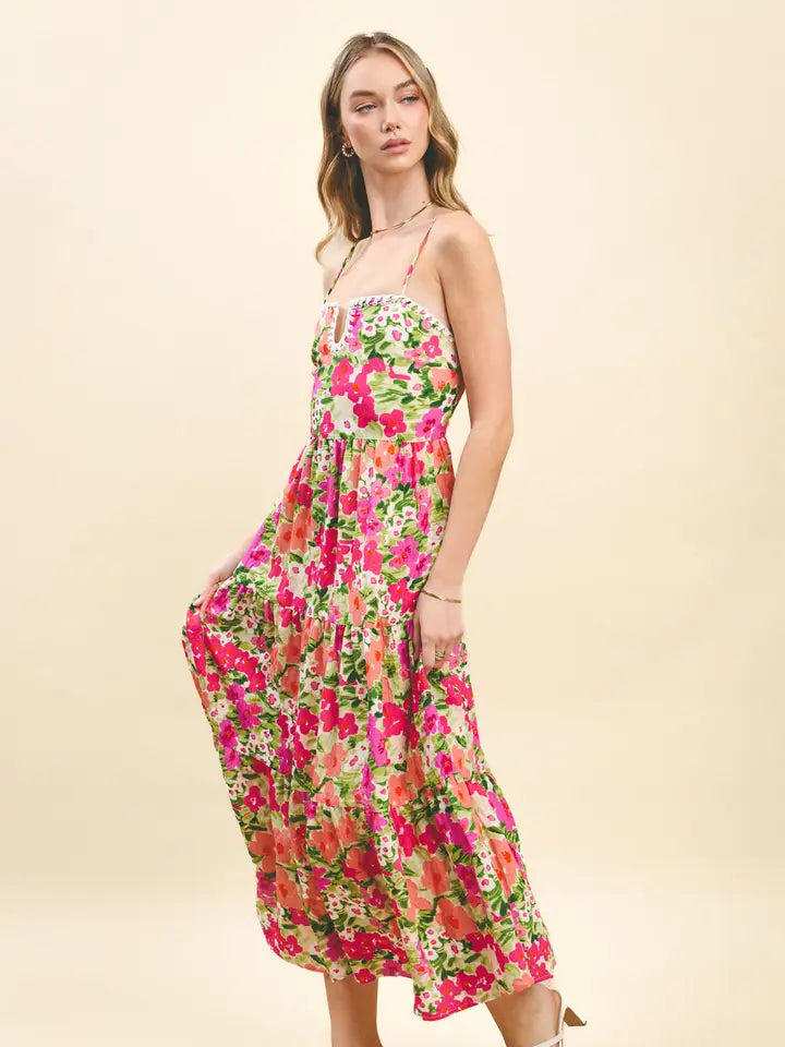 Floral Print Contrasting Stitch Detail Midi Dress
