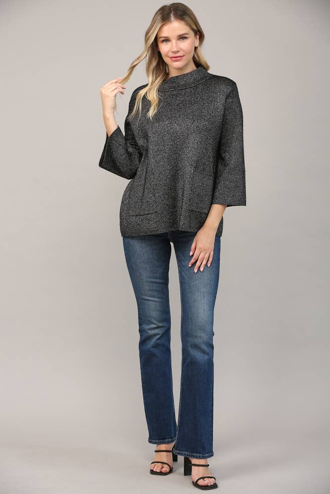 Glitter Yarn Front Pocket Detail Mock Neck Sweater