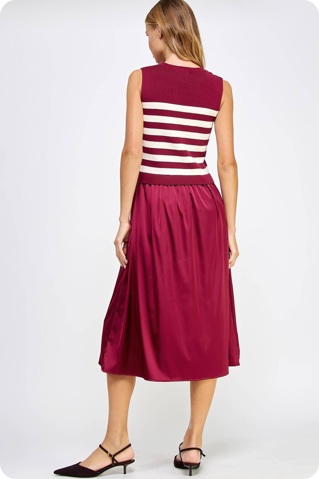 Sleeveless Striped Mixed Media Midi Dress