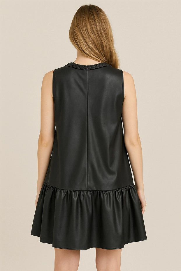 Braided Keyhole Neckline Sleeveless Faux Leather Dress