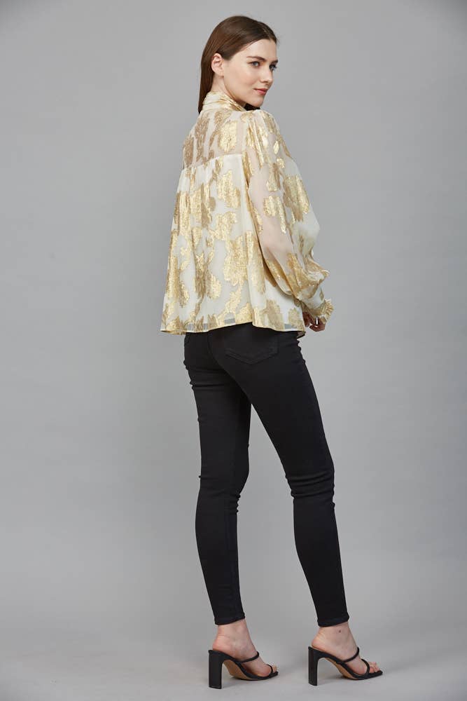 Metallic Jacquard Chiffon Blouse With Bow