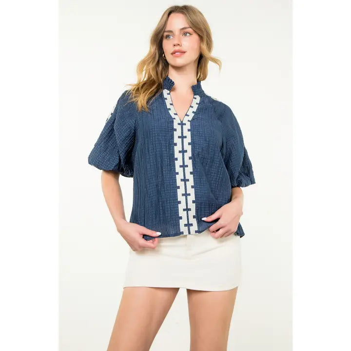 Embroidered Half Sleeve Textured Top