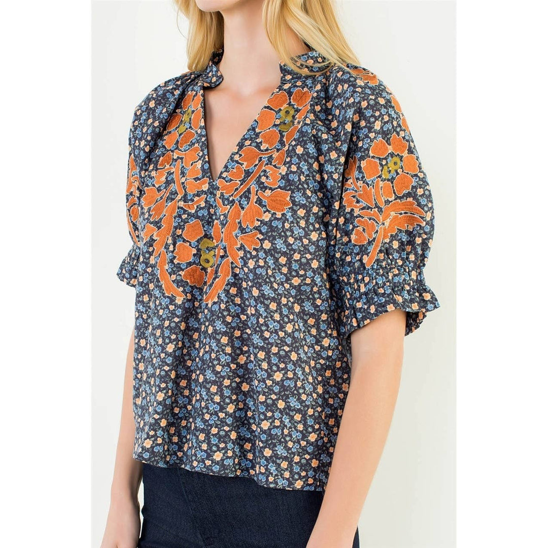 Floral Print Top With Embroidery