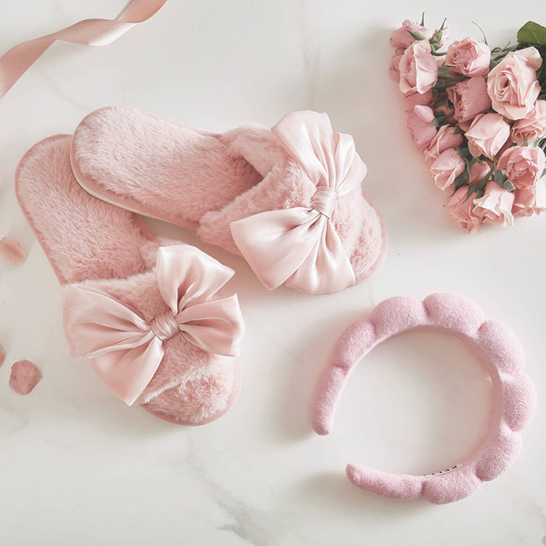 Plush Slippers - Light Blush Bow