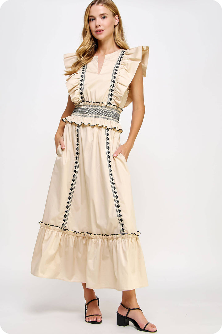 Contrast Embroidered Long Dress