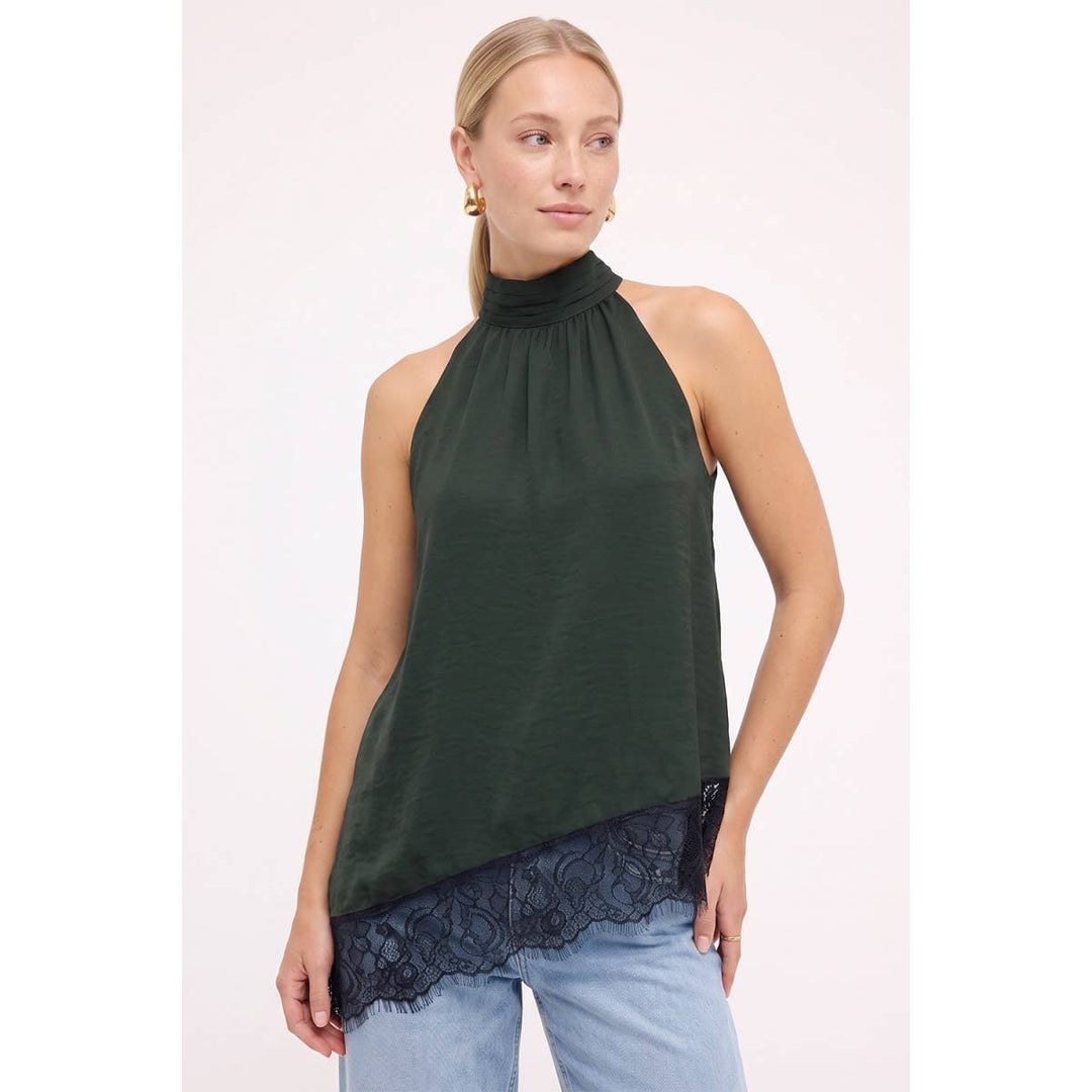 Asymmetrical Lace Trim Mock Neck Halter Top