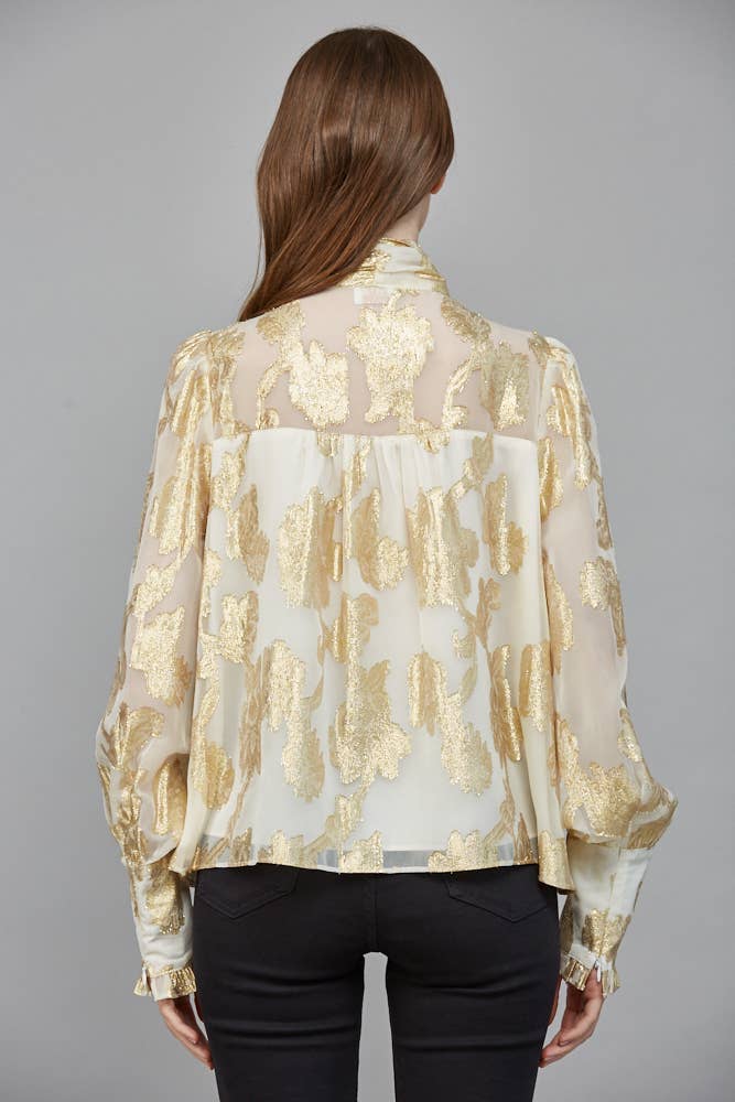 Metallic Jacquard Chiffon Blouse With Bow