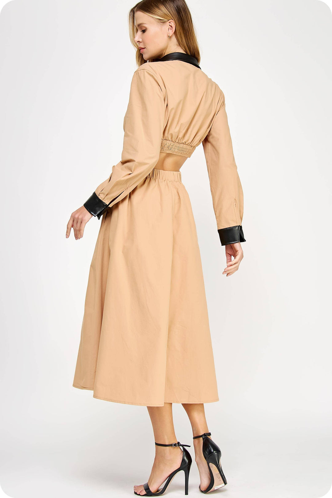 Faux Leather Contrast Poplin Long Shirt Dress