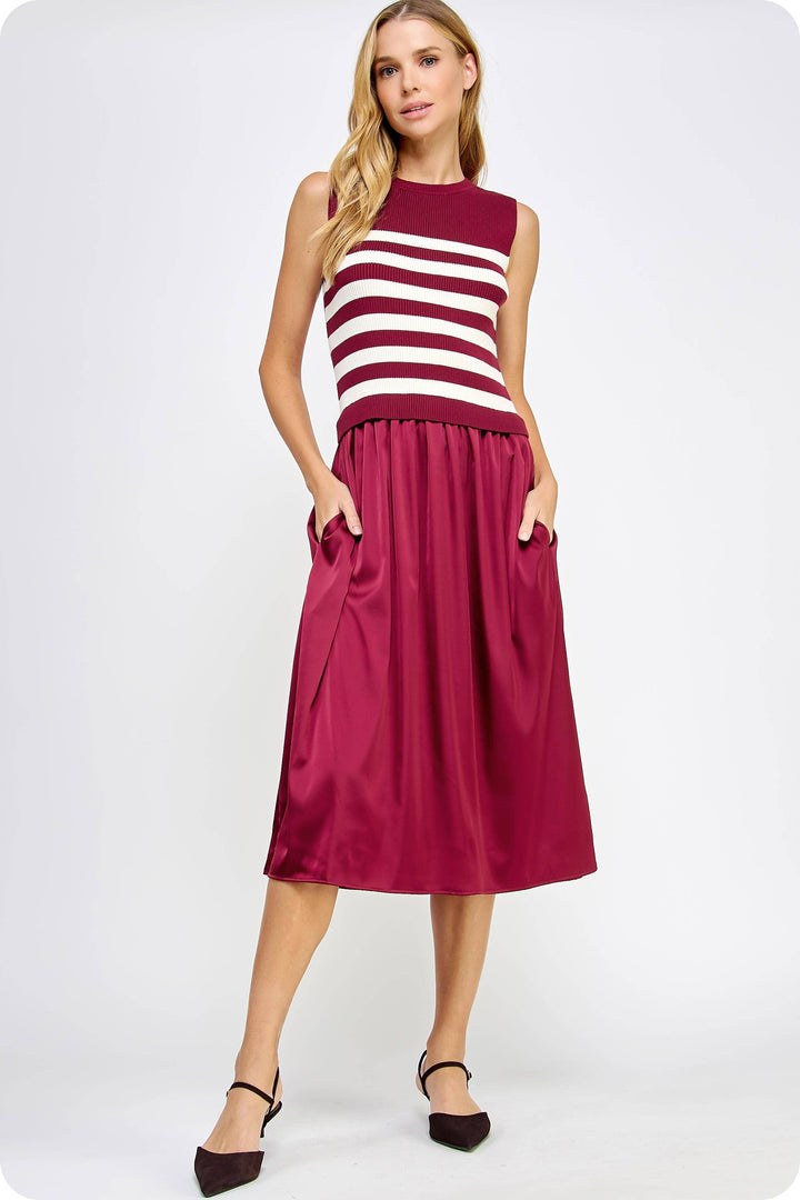 Sleeveless Striped Mixed Media Midi Dress