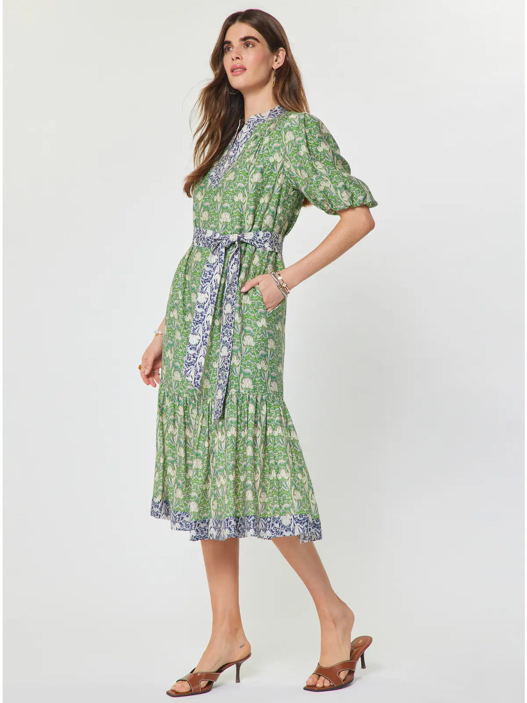 Floral Printed Puff Short Sleeve Midi Dress