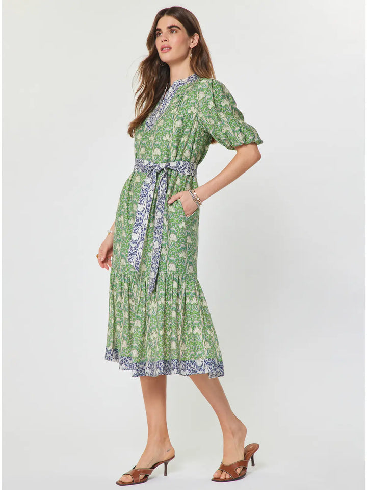 Floral Printed Puff Short Sleeve Midi Dress