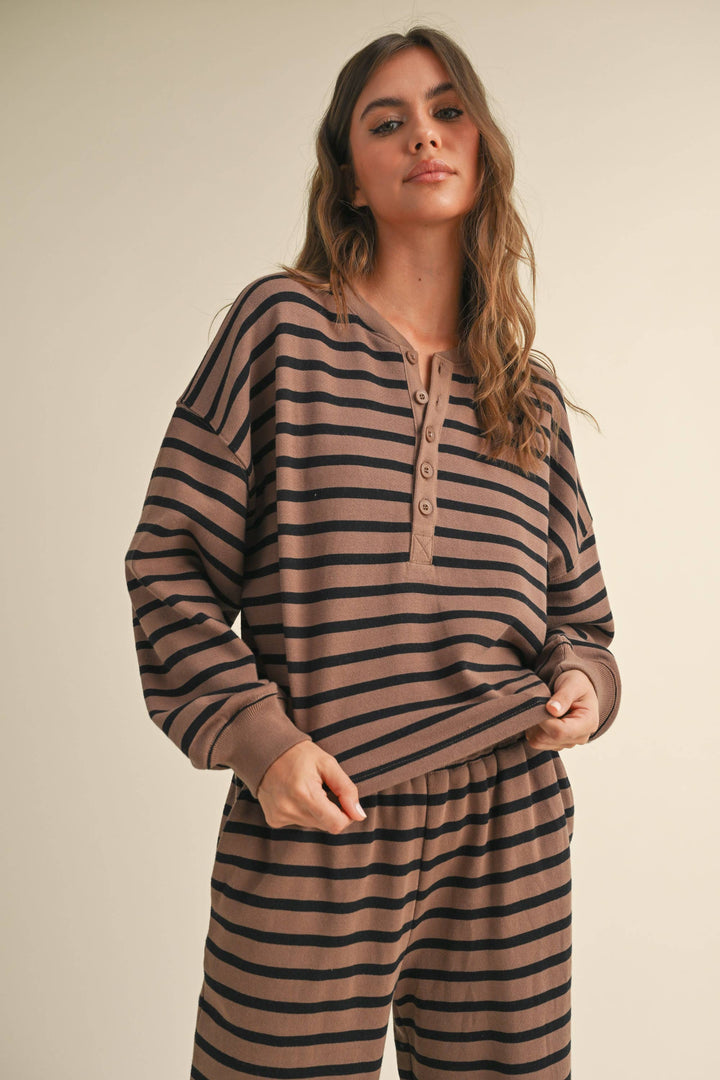 Striped Terry Fabric Half Button Top