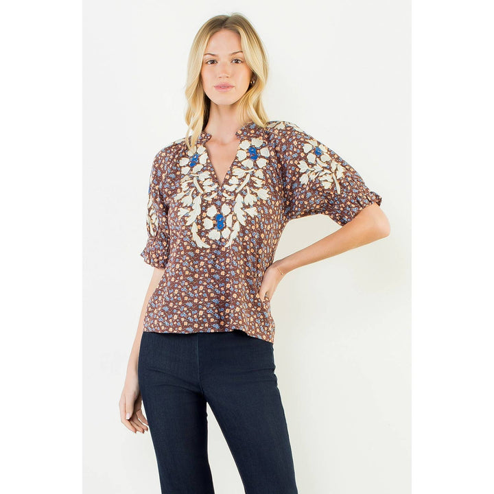 Floral Print Top With Embroidery