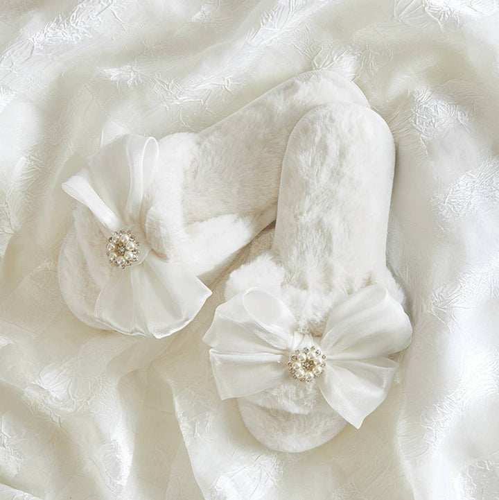 Plush Slippers - White Crystal Bow