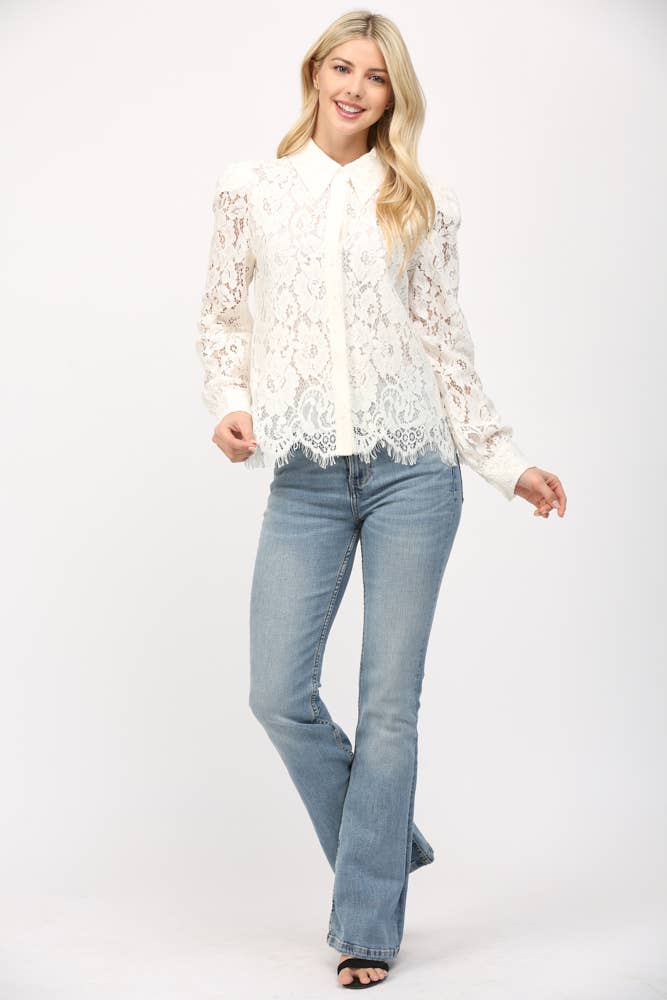 Scallop Edge Lace Button Down Blouse