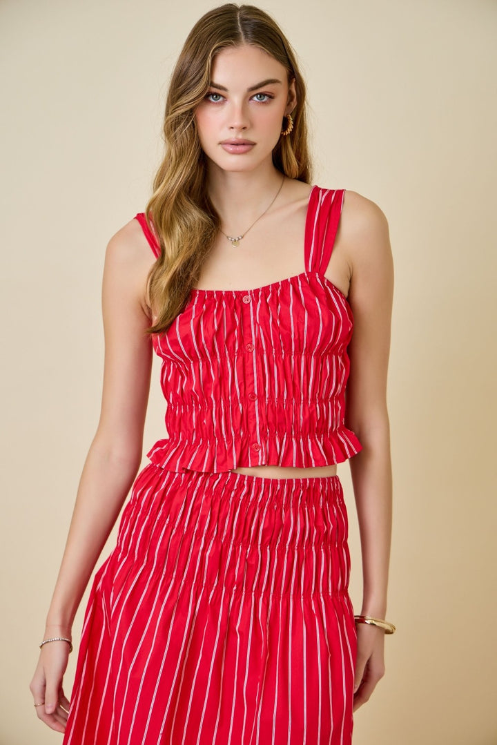 Striped Smocked Cropped Top With Ruffle Hem