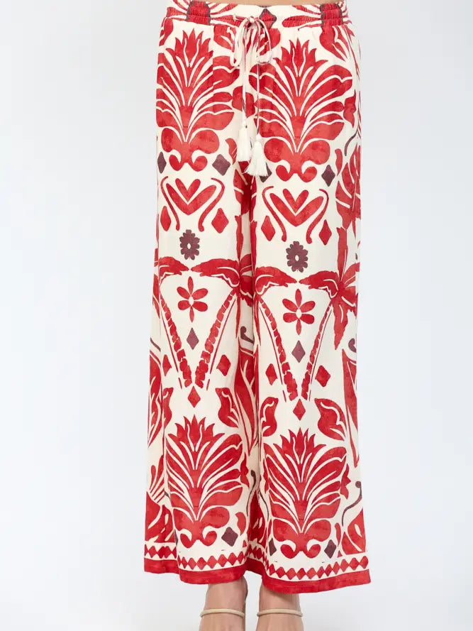Tropical Print Drawstring Waist Wide Leg Pants