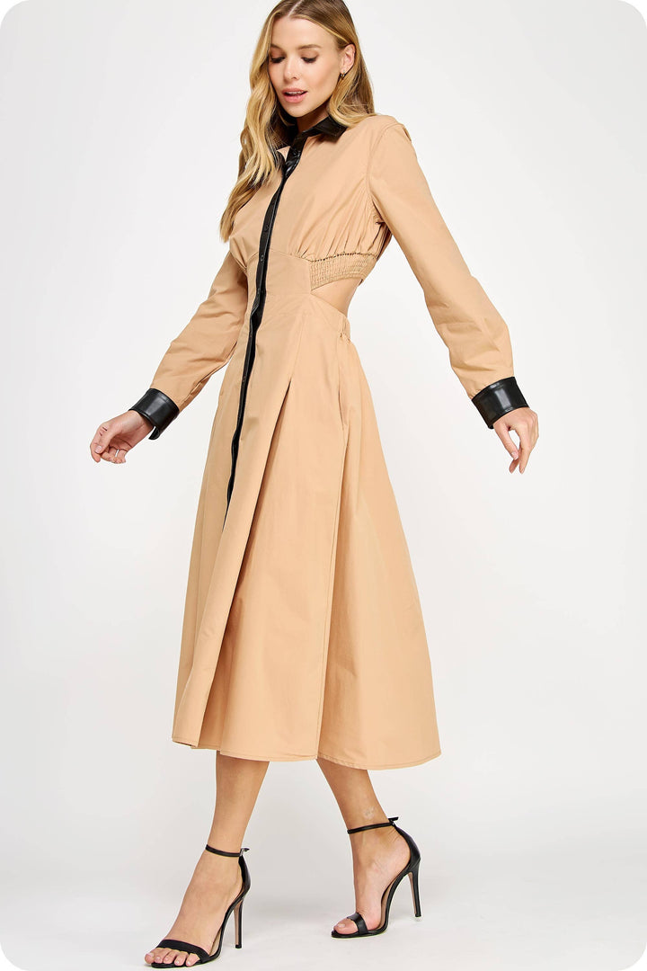 Faux Leather Contrast Poplin Long Shirt Dress