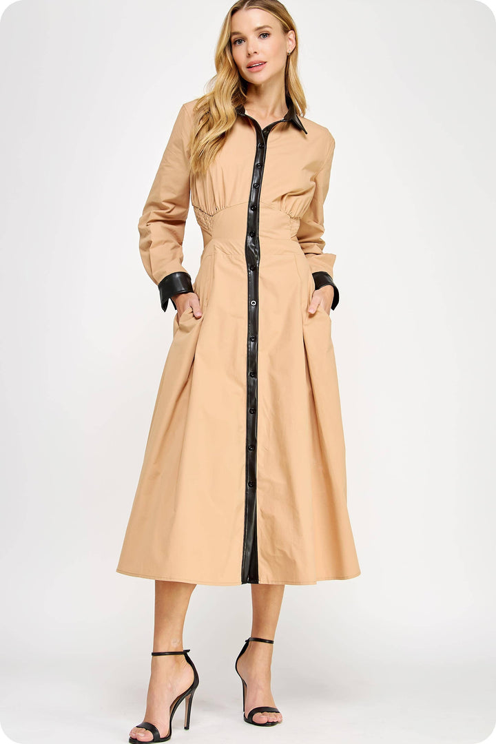 Faux Leather Contrast Poplin Long Shirt Dress