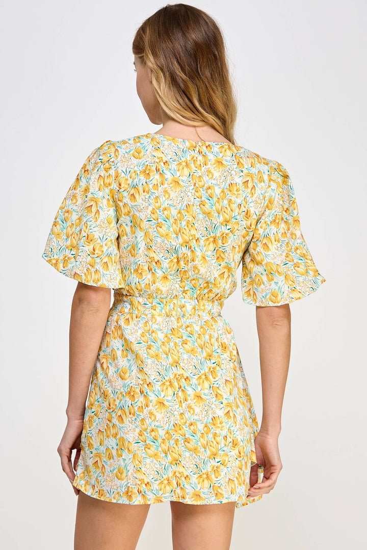 Ruched Short Puff Sleeve Floral Voile Mini Dress