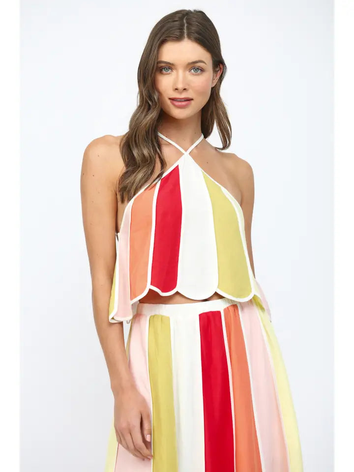 Linen Blend Color-Block Halter Crop Top