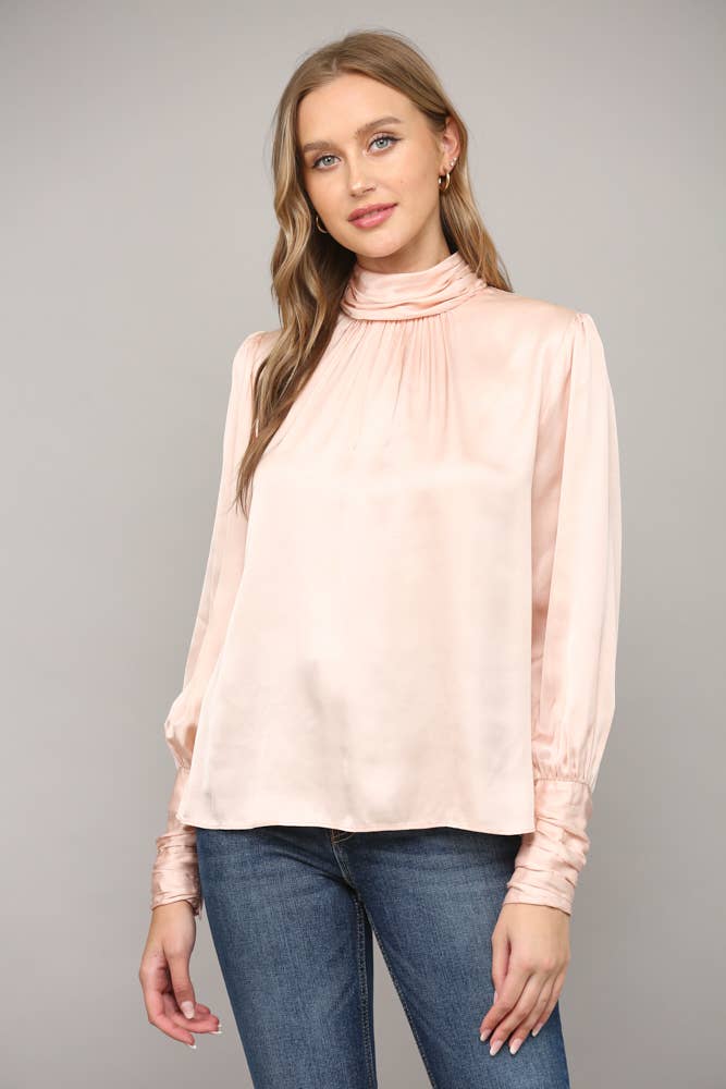 High Collar Ruched Sleeve Blouse