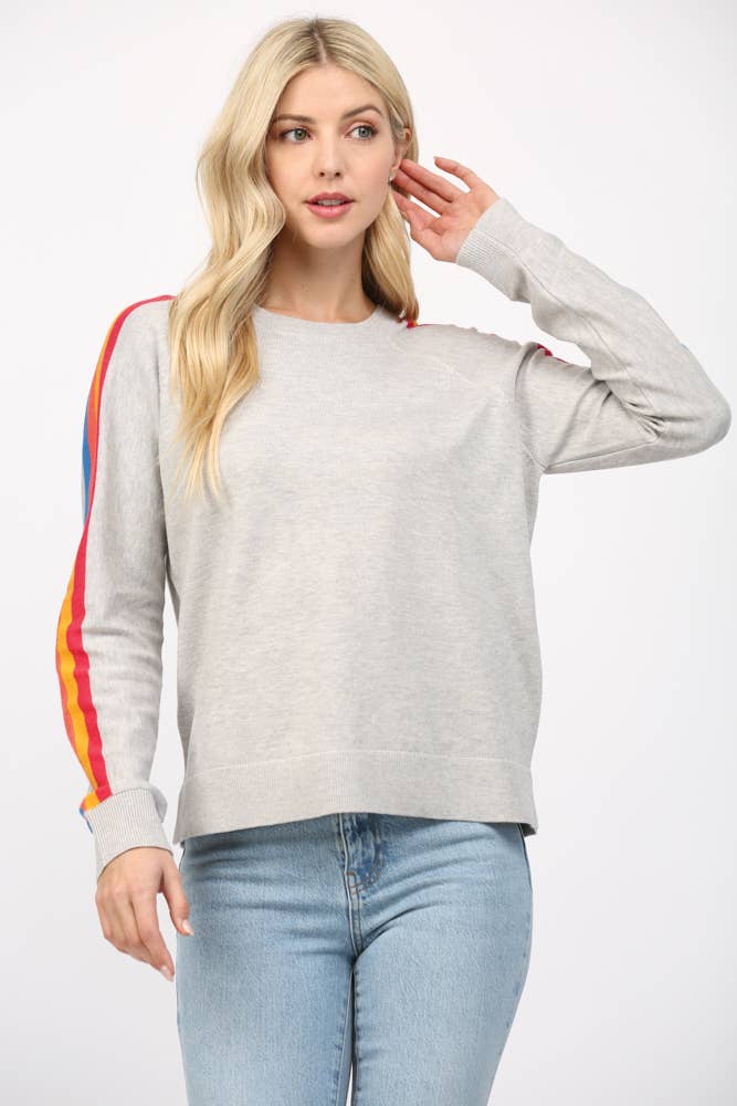 Multi Color Stripe On Sleeve Crew Neck Sweater