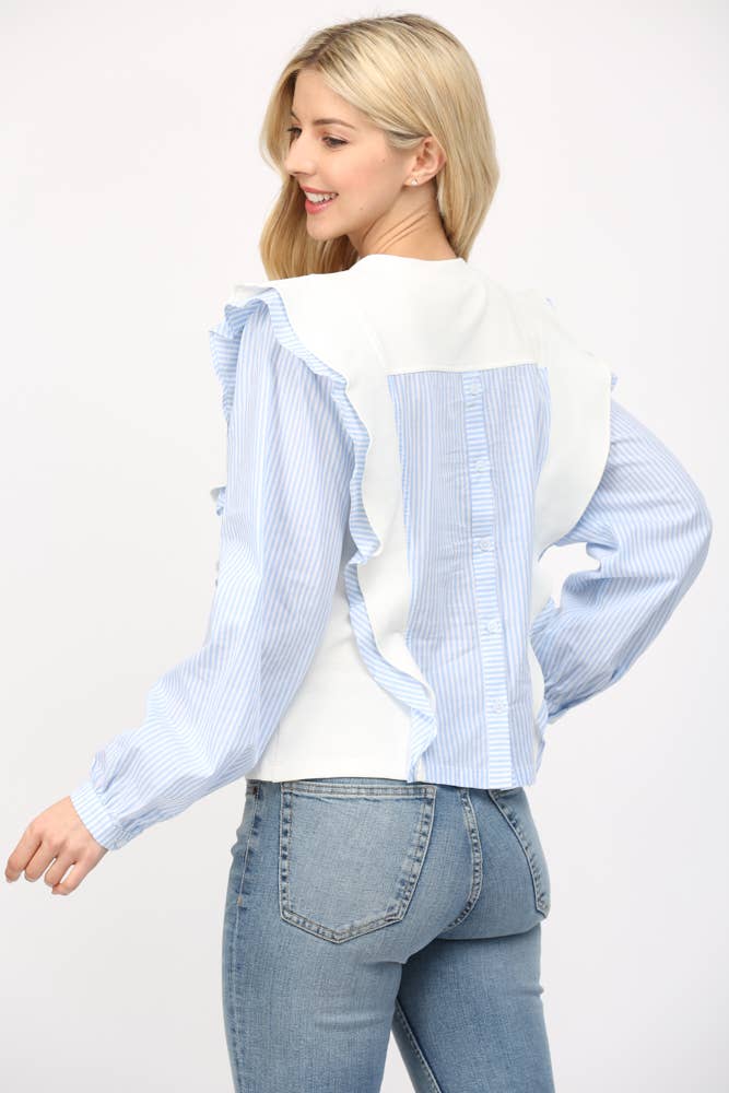 Contrast Stripe Cotton Ruffle Detail Long Sleeve Top